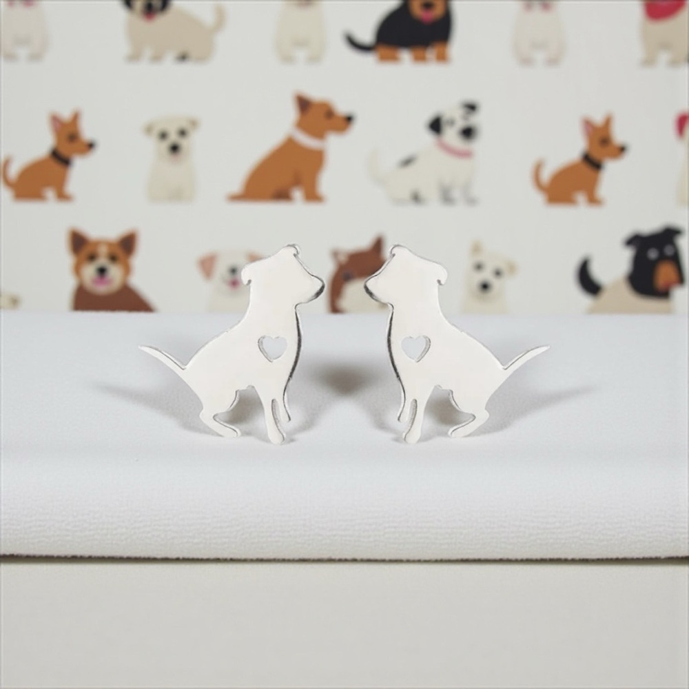 Cute Silver Dog Stud Earrings With A Heart Cutout - NWOT